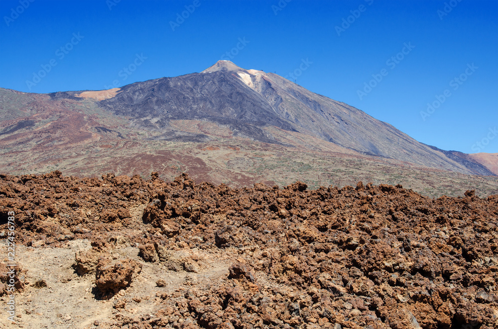 Landscape with  Mount Teide. Hardened lava in the foreground. Teide National Park, Tenerife, Canary Islands, Spain.   