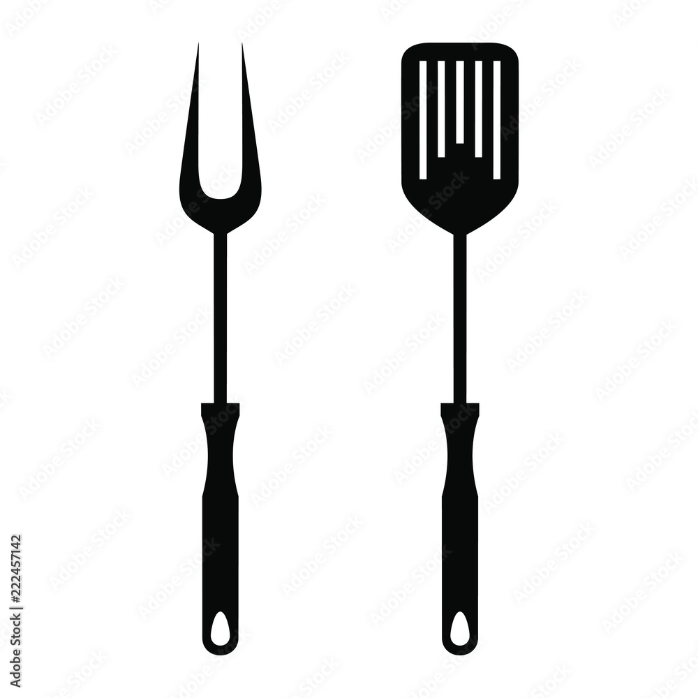 BBQ or grill tools icon in flat design. Sign barbecue fork with spatula.  Isolated black symbols on white background. Simple silhouette BBQ tools.  Logo. Vector illustration Stock Vector | Adobe Stock