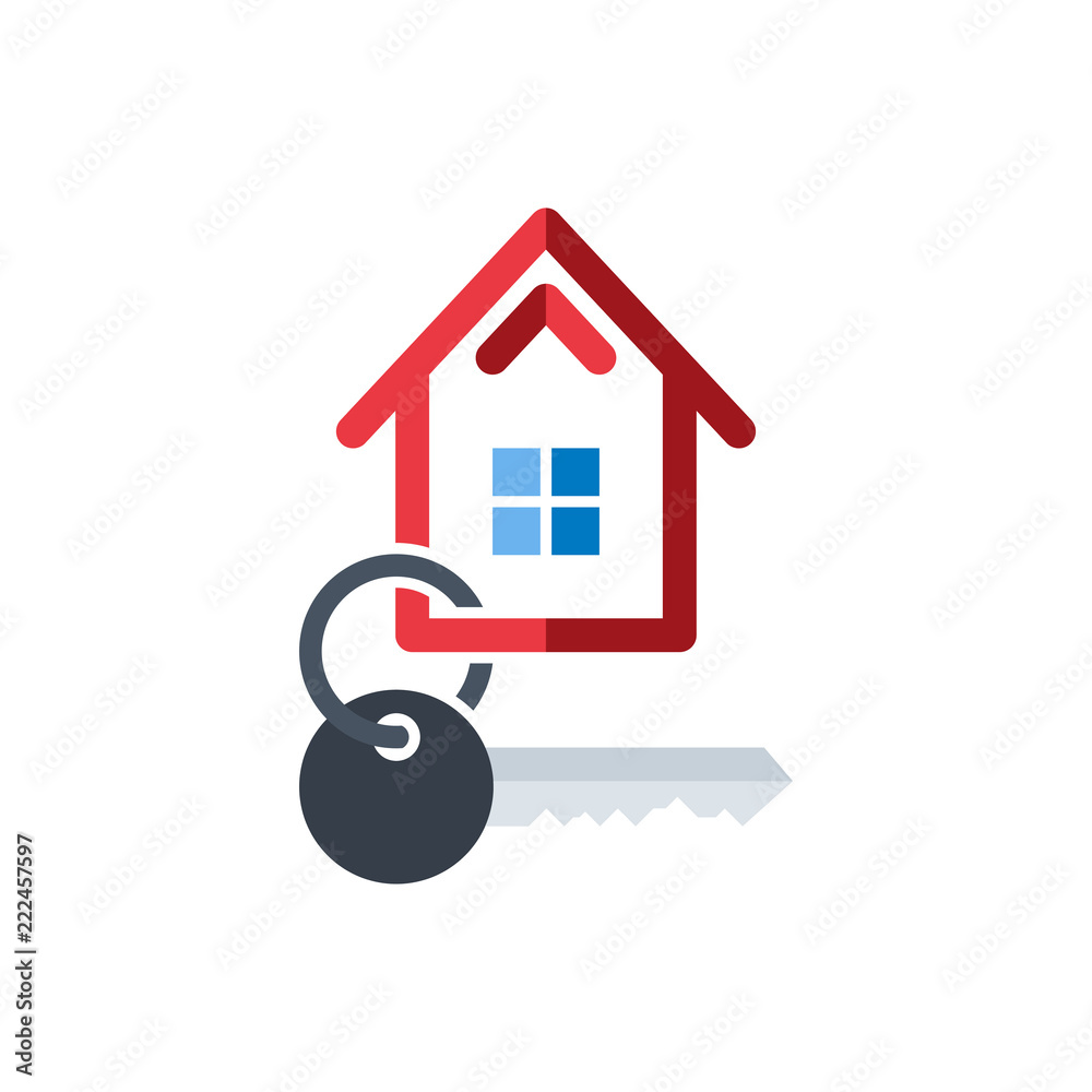 Red symbol of the house of thick rounded lines with grey key, logo template. For real estate agencies and construction company. Vector illustration. Red symbol of the house of thick rounded lines with grey key, logo template. For real estate agencies and construction company. Vector illustration.