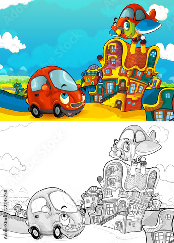 cartoon scene with different vehicles in the city car and flying machine - fire brigade plane - with artistic coloring page - illustration for children