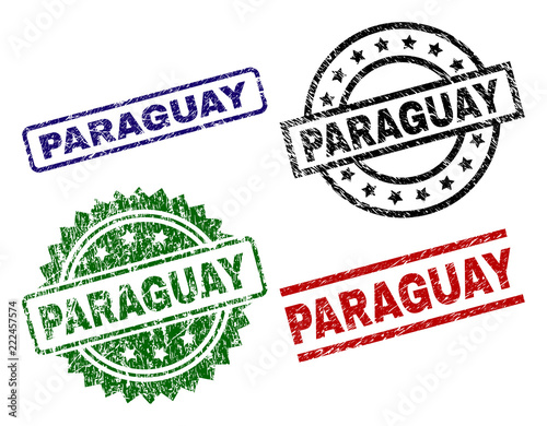 PARAGUAY seal prints with corroded surface. Black, green,red,blue vector rubber prints of PARAGUAY tag with corroded surface. Rubber seals with circle, rectangle, medallion shapes.