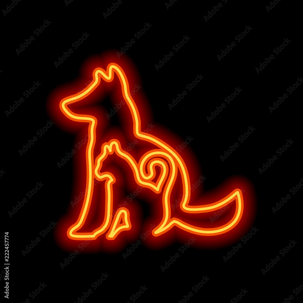 Fototapeta premium cat and dog icon. Orange neon style on black background. Light i