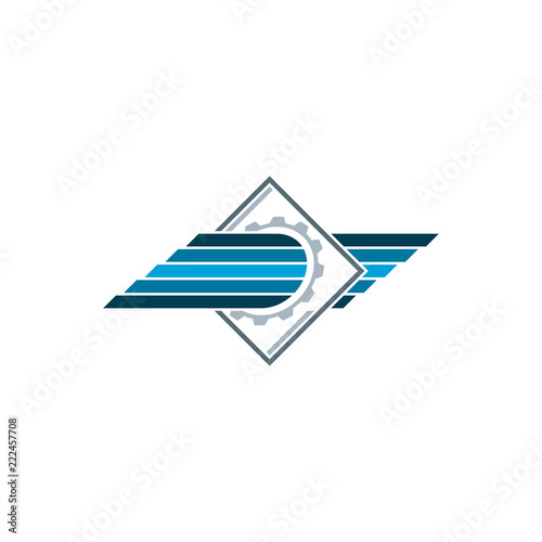 Gear logo template. Colorful lines run through the gear in the grey box. Vector illustration.