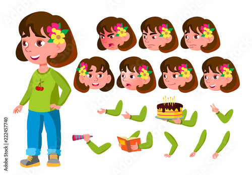 Girl, Child, Kid, Teen Vector. Schooler. Young. Face Emotions, Various Gestures. Animation Creation Set. Isolated Flat Cartoon Character Illustration