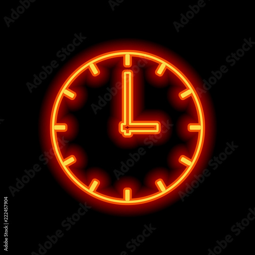 Simple clock icon. Orange neon style on black background. Light