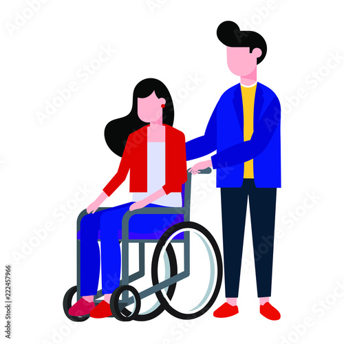 Young woman sitting in a wheelchair and male boy helper hold it. Flat style design vector illustration isolated on white background