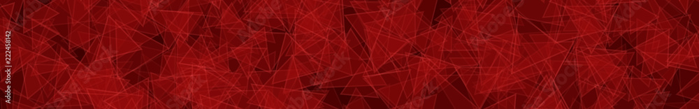 Abstract horizontal banner or background of randomly distributed translucent triangles with outlines in red colors.