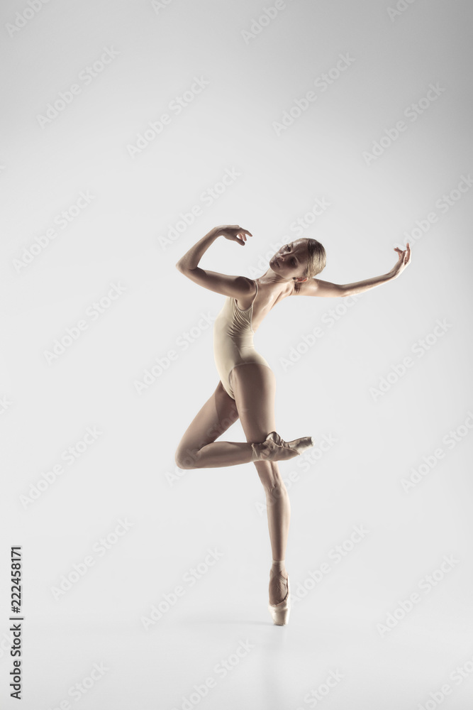 Young graceful female ballet dancer or classic ballerina dancing on white studio. Caucasian model on pointe shoes