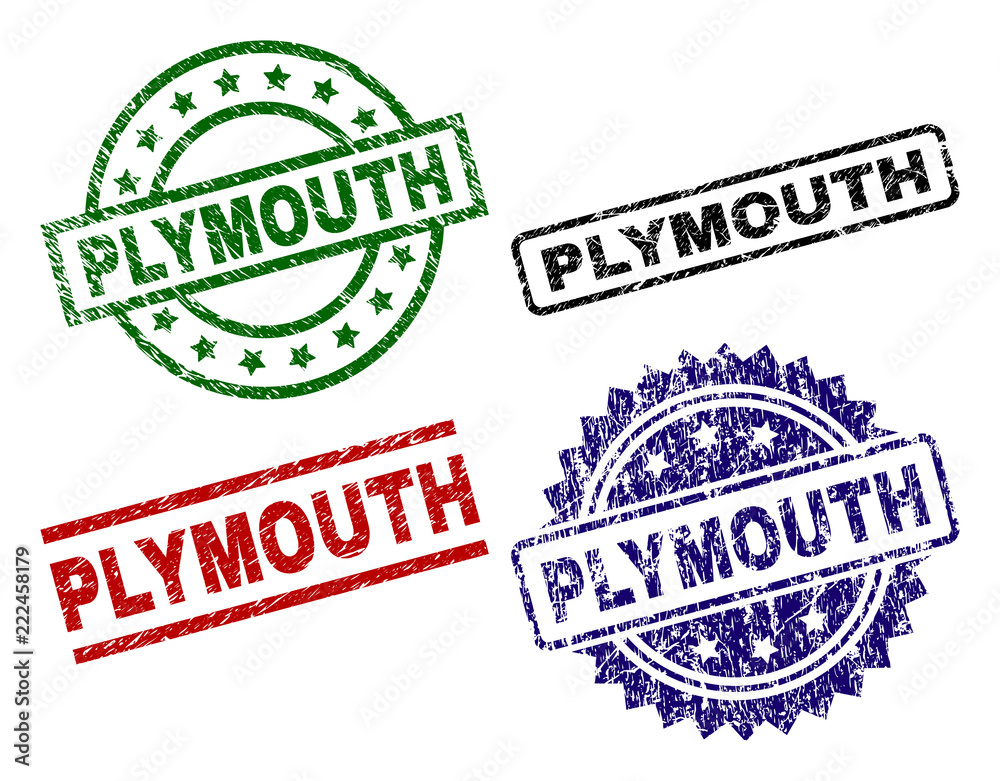 PLYMOUTH seal prints with corroded style. Black, green,red,blue vector rubber prints of PLYMOUTH text with corroded style. Rubber seals with round, rectangle, rosette shapes. PLYMOUTH seal prints with corroded style. Black, green,red,blue vector rubber prints of PLYMOUTH text with corroded style. Rubber seals with round, rectangle, rosette shapes.