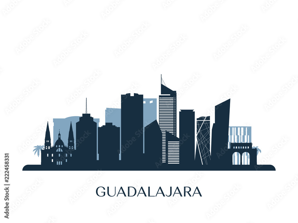 Guadalajara skyline, monochrome silhouette. Vector illustration.
