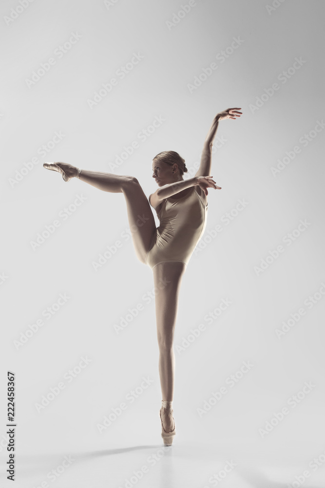 Young graceful female ballet dancer or classic ballerina dancing on white studio. Caucasian model on pointe shoes Young graceful female ballet dancer or classic ballerina dancing on white studio. Caucasian model on pointe shoes