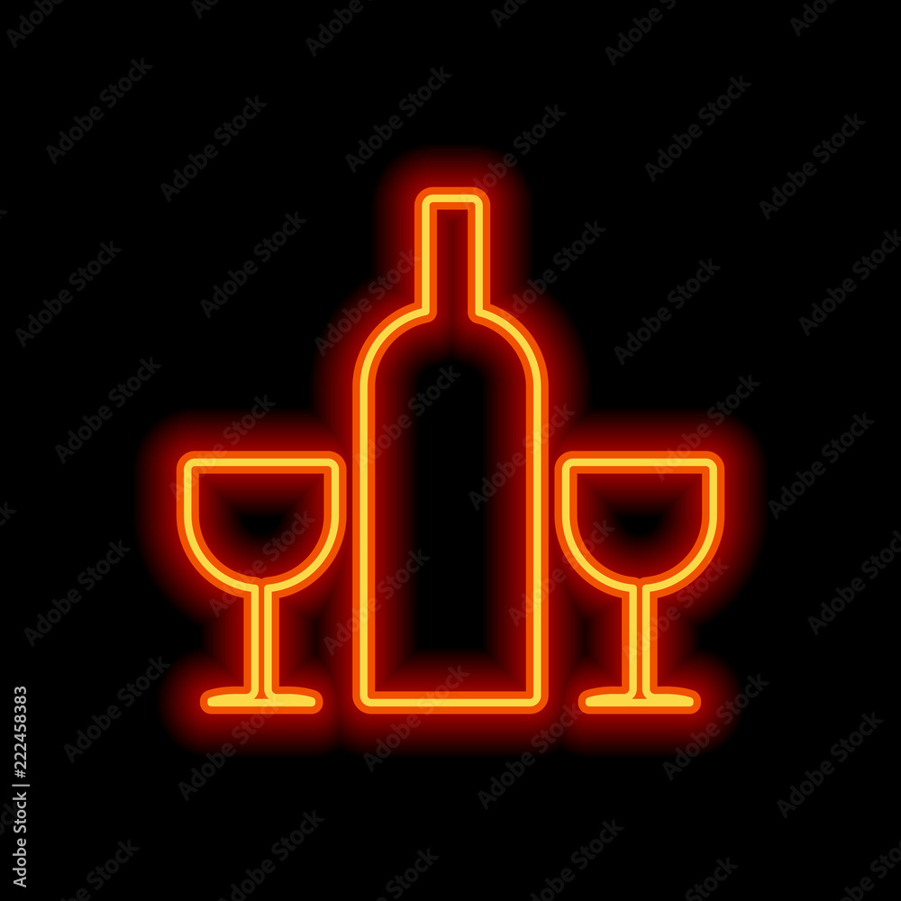 glasses and bottle. Orange neon style on black background. Light glasses and bottle. Orange neon style on black background. Light