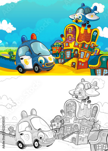 cartoon scene with different vehicles in the city car and flying machine - plane and helicopter - with artistic coloring page - illustration for children