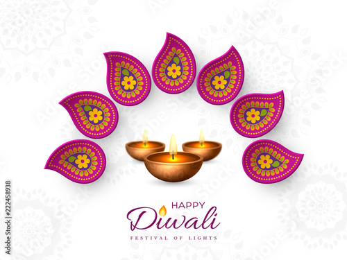 Diwali festival holiday design with paper cut style of Indian Rangoli and diya - oil lamp. Purple color on white background. Vector illustration.