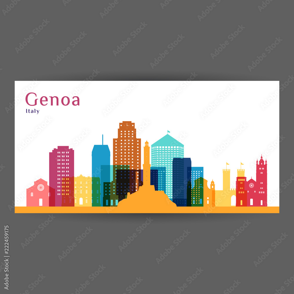 Genoa city architecture silhouette. Colorful skyline. City flat design. Vector business card.