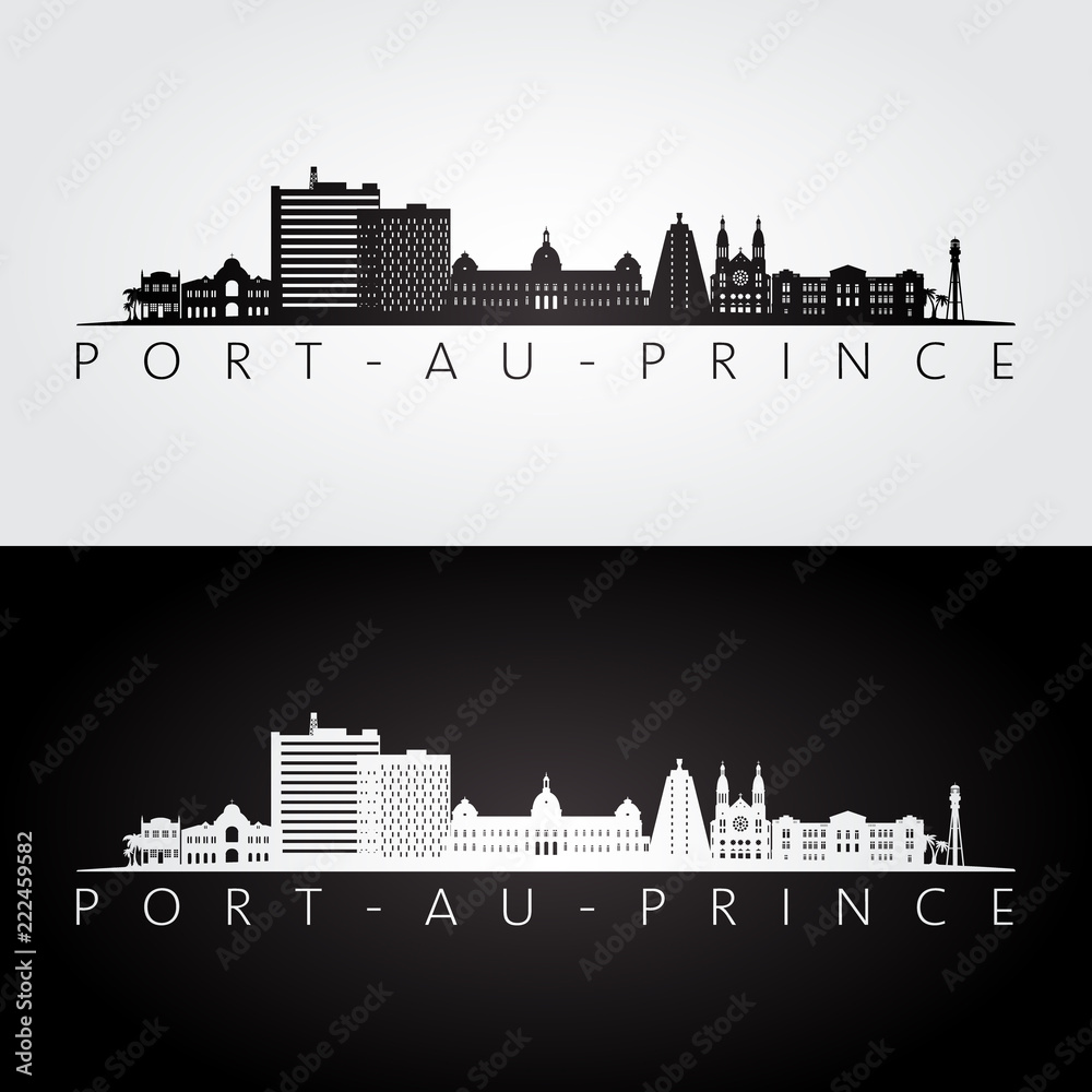 Port-au-Prince skyline and landmarks silhouette, black and white design, vector illustration.