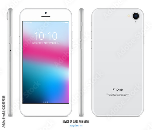 smartphone mockup in silver color with colorful screen front, back and side on white background. stock vector illustration eps10