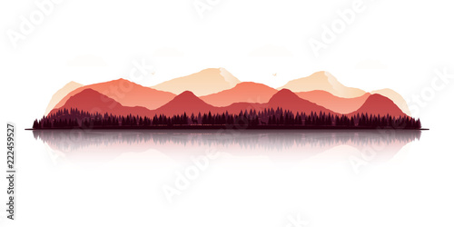 Landscape with silhouettes of mountains, forests, deer, wolf and eagles in autumn colors. Panoramic view with reflection. Vector illustration.