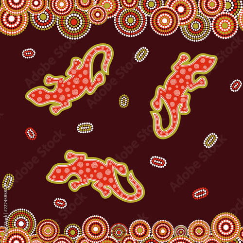 Australian aboriginal seamless vector pattern with dotted circles, ovals, lizard and spirals