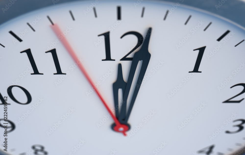 Deadline and time concept. Close up view on clock showing twelve hours. 3D rendered illustration. Deadline and time concept. Close up view on clock showing twelve hours. 3D rendered illustration.