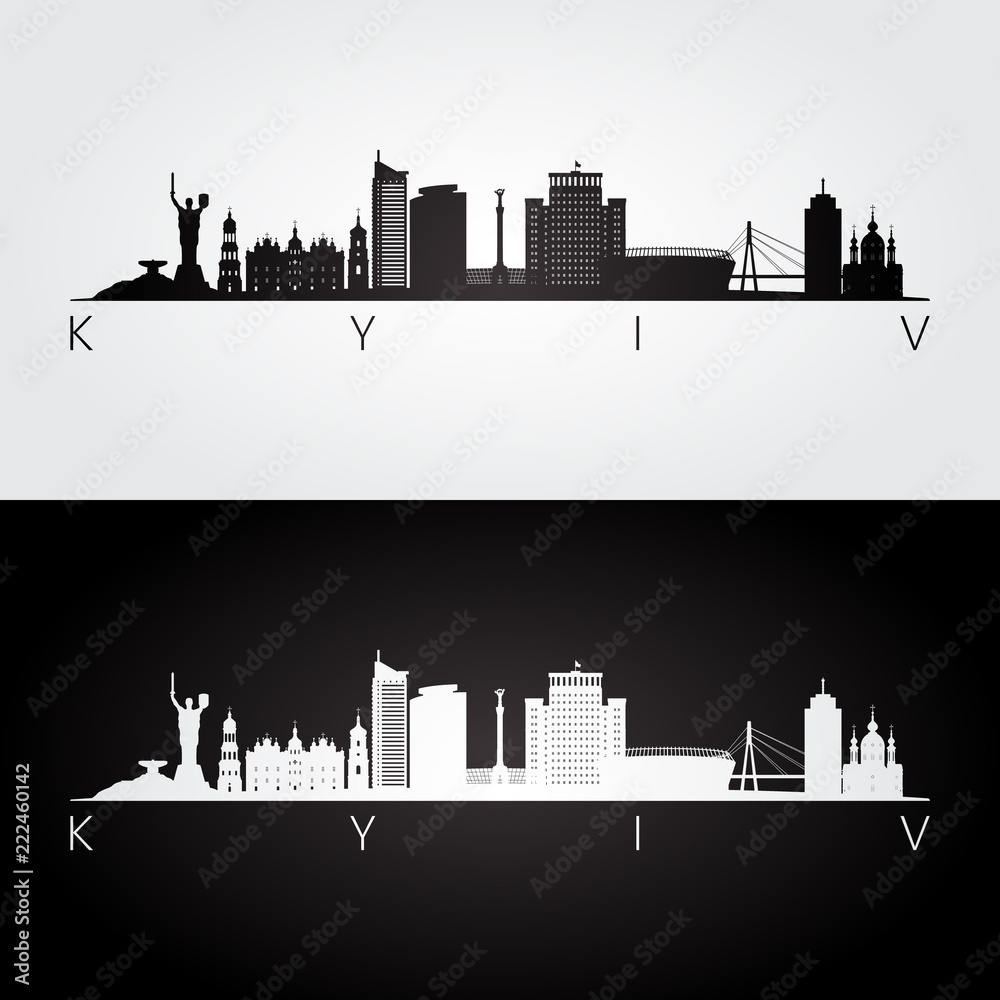 Kyiv skyline and landmarks silhouette, black and white design, vector illustration.