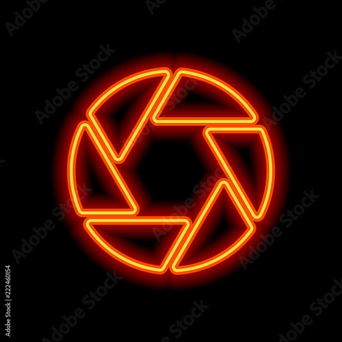 camera objective. simple silhouette. Orange neon style on black