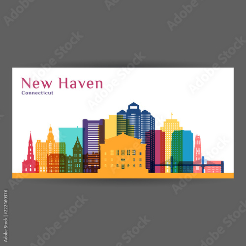 New Haven city architecture silhouette. Colorful skyline. City flat design. Vector business card.