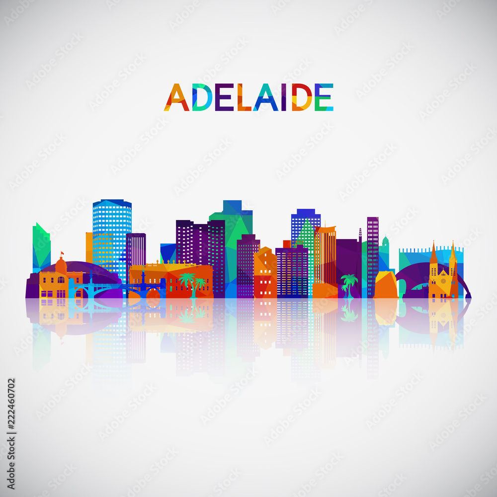 Adelaide skyline silhouette in colorful geometric style. Symbol for your design. Vector illustration.