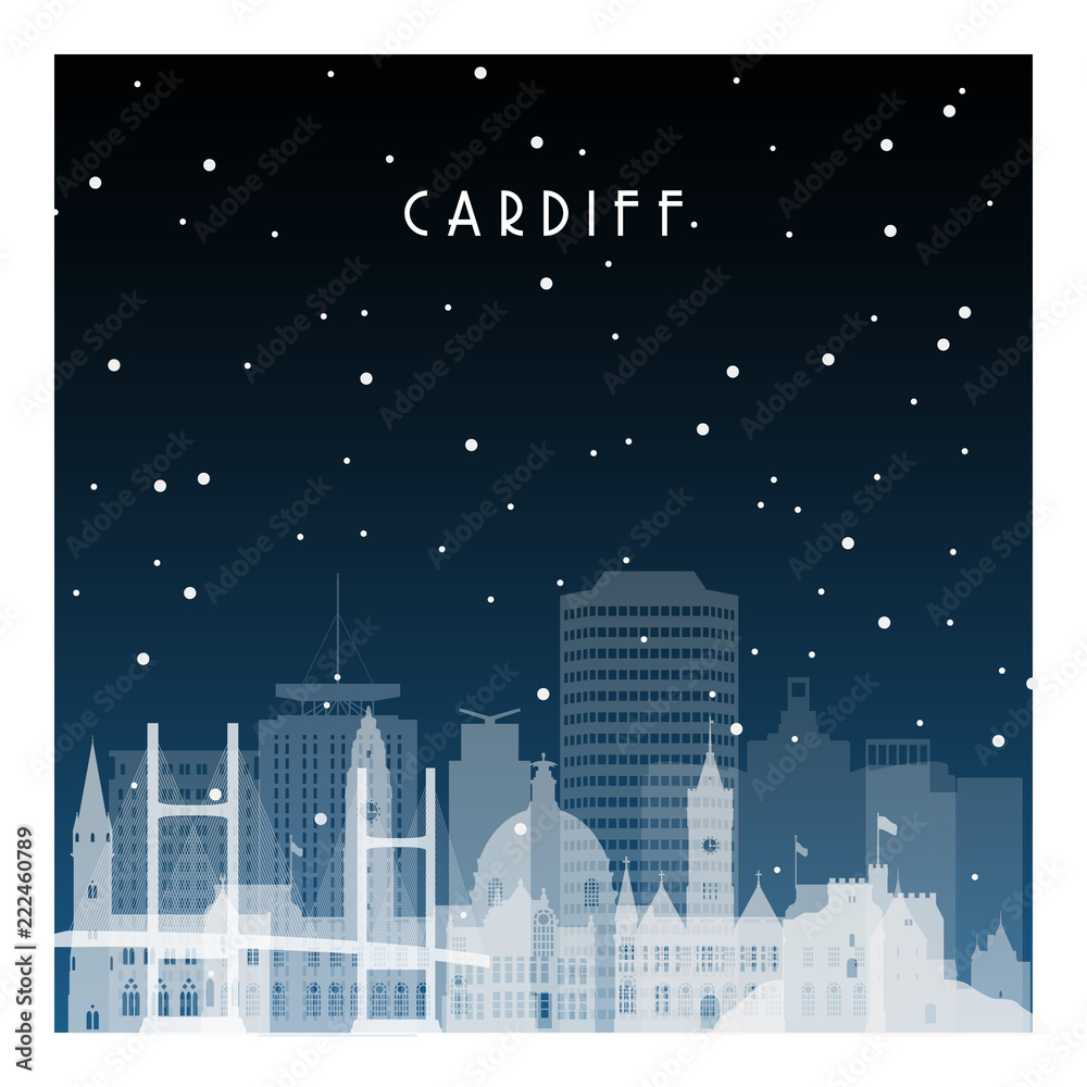Winter night in Cardiff. Night city in flat style for banner, poster, illustration, background.