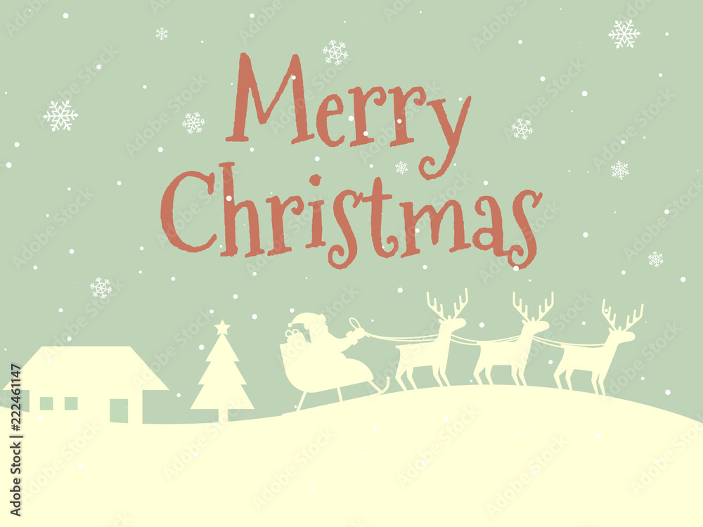 Fototapeta premium Merry Christmas card. Retro style concept. Happy New Year design. Winter landscape and Santa Claus. House and Christmas tree. Vector illustration