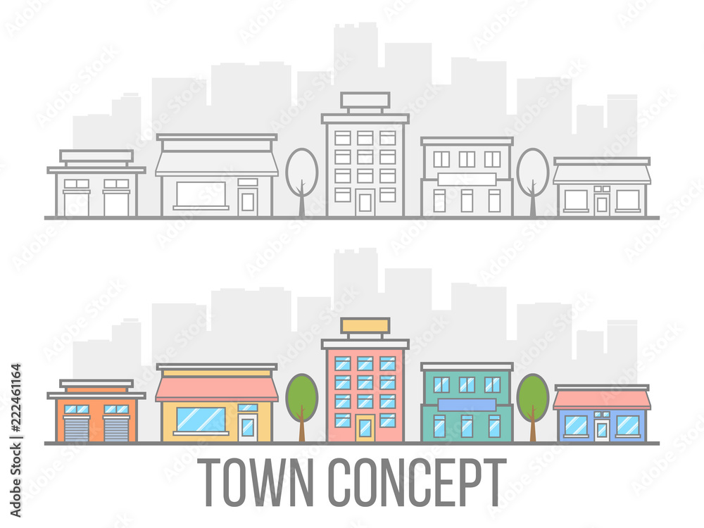 Town concept set. Street with hotel, garage, boutique and cafe. Linear design. Small city in flat style isolated on white background. Vector illustration