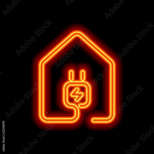 house with electric power plug icon. line style. Orange neon sty