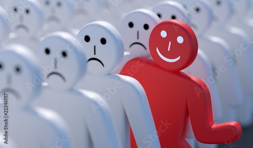 One happy man is out of crowd of many sad people. 3D rendered illustration.