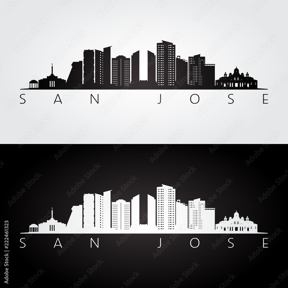 San Jose, Costa Rica skyline and landmarks silhouette, black and white design, vector illustration.