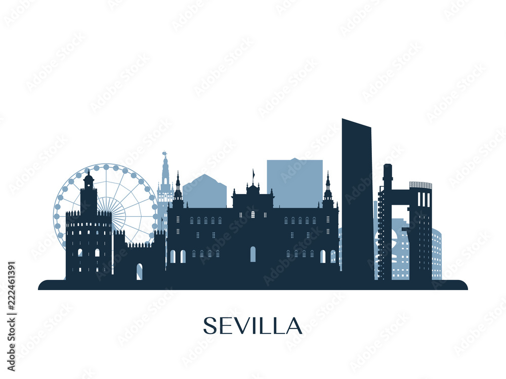 Obraz premium Sewilla panoramę, monochromatyczna sylwetka. Ilustracji wektorowych.
