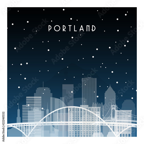 Winter night in Portland. Night city in flat style for banner, poster, illustration, background.