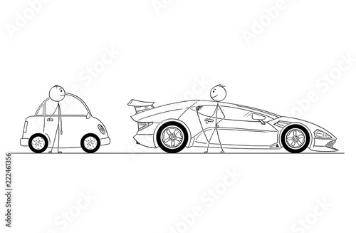 Cartoon stick drawing conceptual illustration of comparison of two men or businessmen. Successful and rich man owns expensive and luxury super sport car, poor guy owns small and cheap car. Business