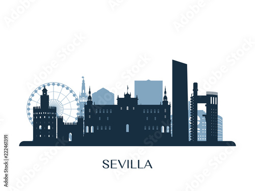 Sevilla skyline, monochrome silhouette. Vector illustration.