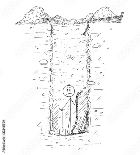 Cartoon stick drawing conceptual illustration of man trapped alone down on the bottom of deep and huge hole in the ground he dig, most likely as water well.The rope connecting with ground level is