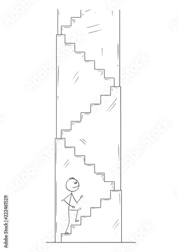Cartoon stick drawing conceptual illustration of man or businessman walking up the stairs. Business concept of career and success.