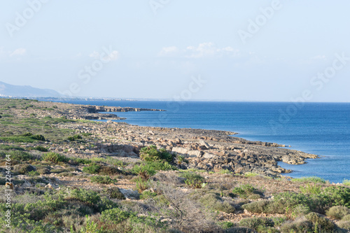 Beautiful mediterranean landscape in the natural reserve of Vendicari. A gorgeous and peaceful place in Sicily (Italy) near Syracuse. Here you can see its rocky cost line and its wild natural spaces