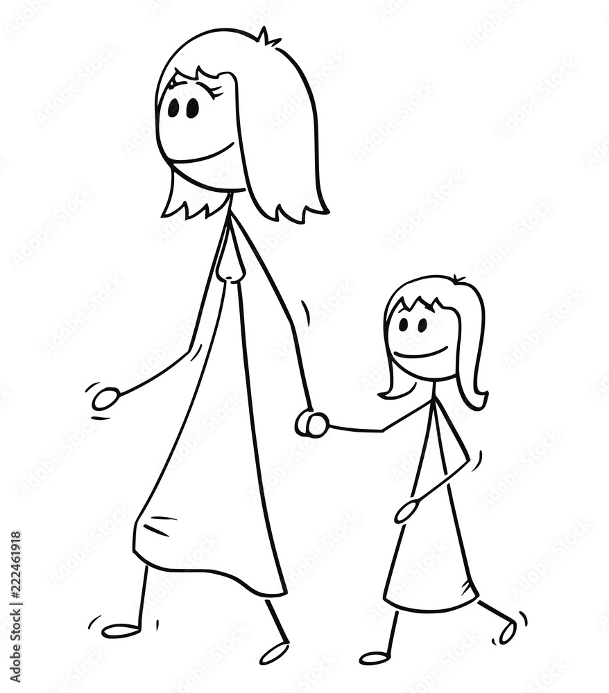Cartoon stick drawing conceptual illustration of mother walking with daughter and holding her hand. Cartoon stick drawing conceptual illustration of mother walking with daughter and holding her hand.
