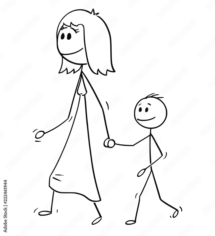 Cartoon stick drawing conceptual illustration of Mother walking with son  and holding his hand. Stock Vector | Adobe Stock