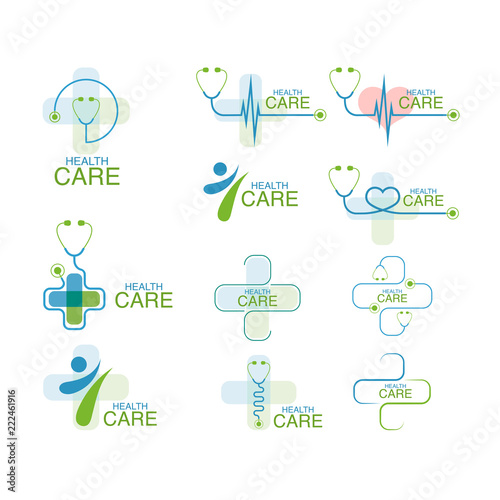 Set of health care logo vector design elements with phonendoscope icon