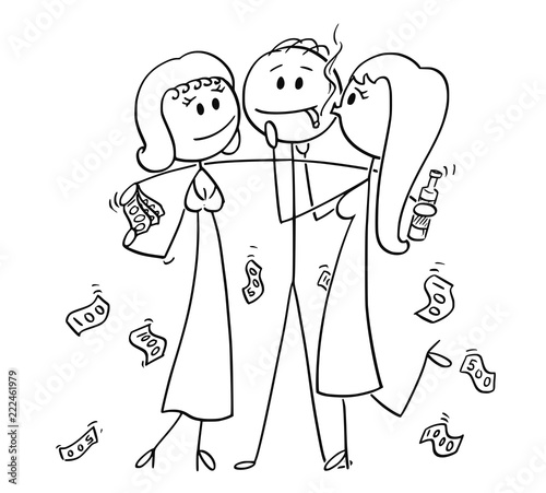 Cartoon stick drawing conceptual illustration of successful and rich man or businessman holding two girls hugging and kissing him for money.