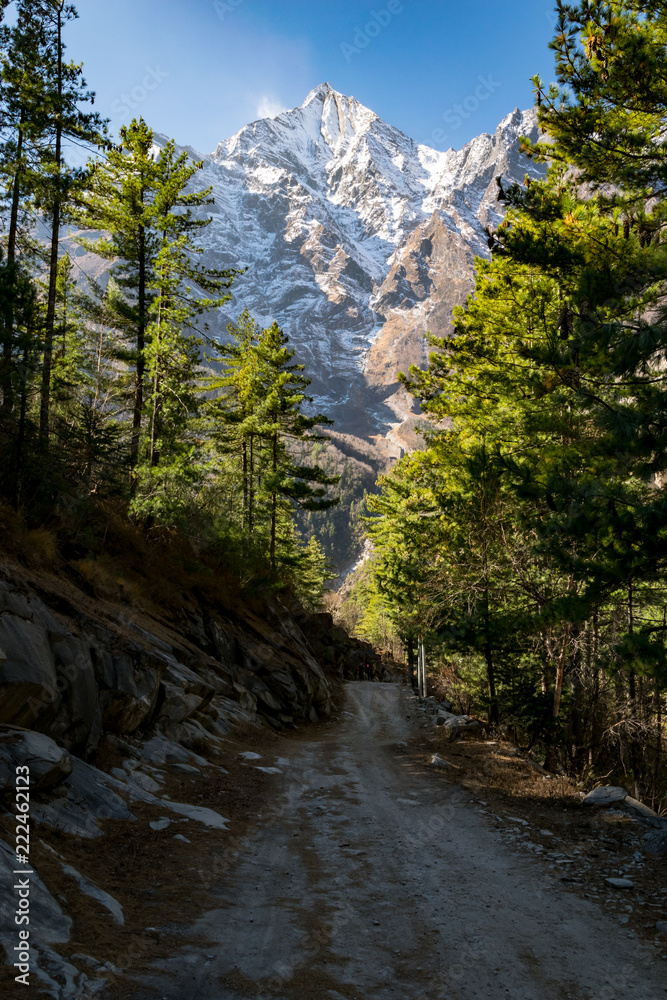 Vertical impressive photo of Annapurna 2 snowcapped mountain and dirt path of the Annapurna circuit, Himalayas