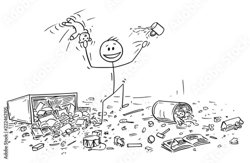Cartoon stick drawing conceptual illustration of naughty or disobedient little boy doing mess in room by throwing toys all around.