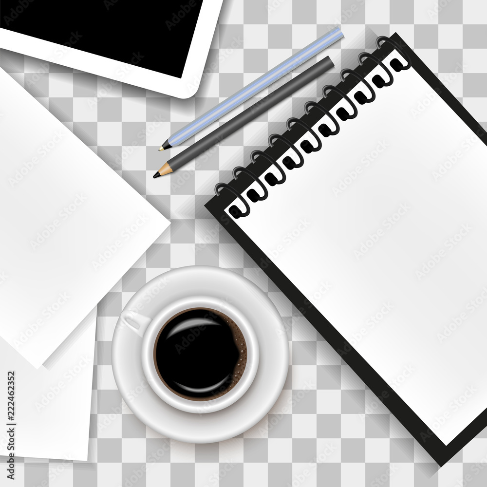 Vector image of a realistic office background. A cup of coffee, a notepad, a tablet, a pen, a pencil and a sheet of paper lying on a transparent background Vector image of a realistic office background. A cup of coffee, a notepad, a tablet, a pen, a pencil and a sheet of paper lying on a transparent background