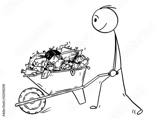 Cartoon stick drawing conceptual illustration of man pushing wheelbarrow full of garbage and trash.