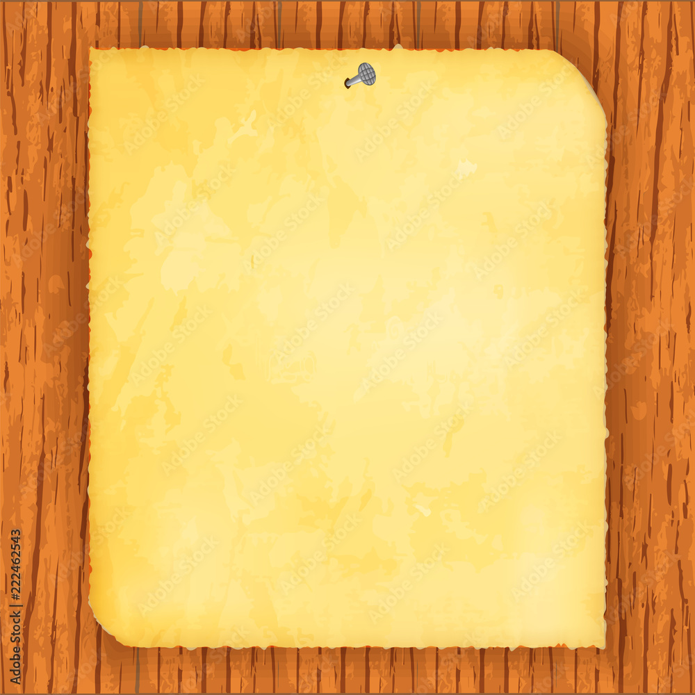 Vector image of a realistic old sheet of paper on a wooden background
